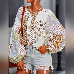 Floral Patchwork Long Sleeve Casual Blouse Size S